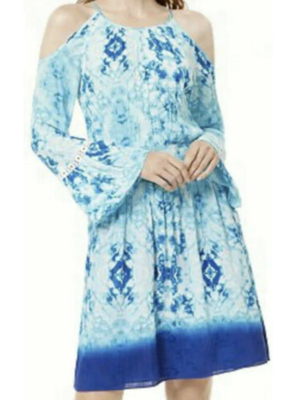 INC Womens Smocked Halter Dress Cold-Shoulder Bell-Sleeve Tie Dye Galaxy XS $99